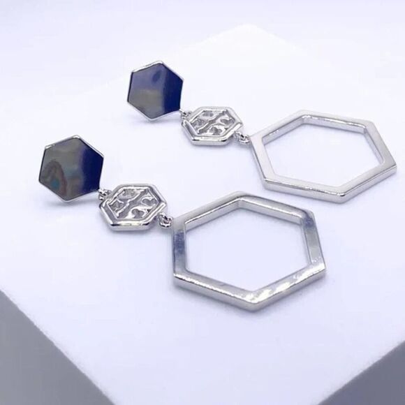 NWOT Tory Burch Silver Hexagon Dangle Stud Earrings - Picture 1 of 6